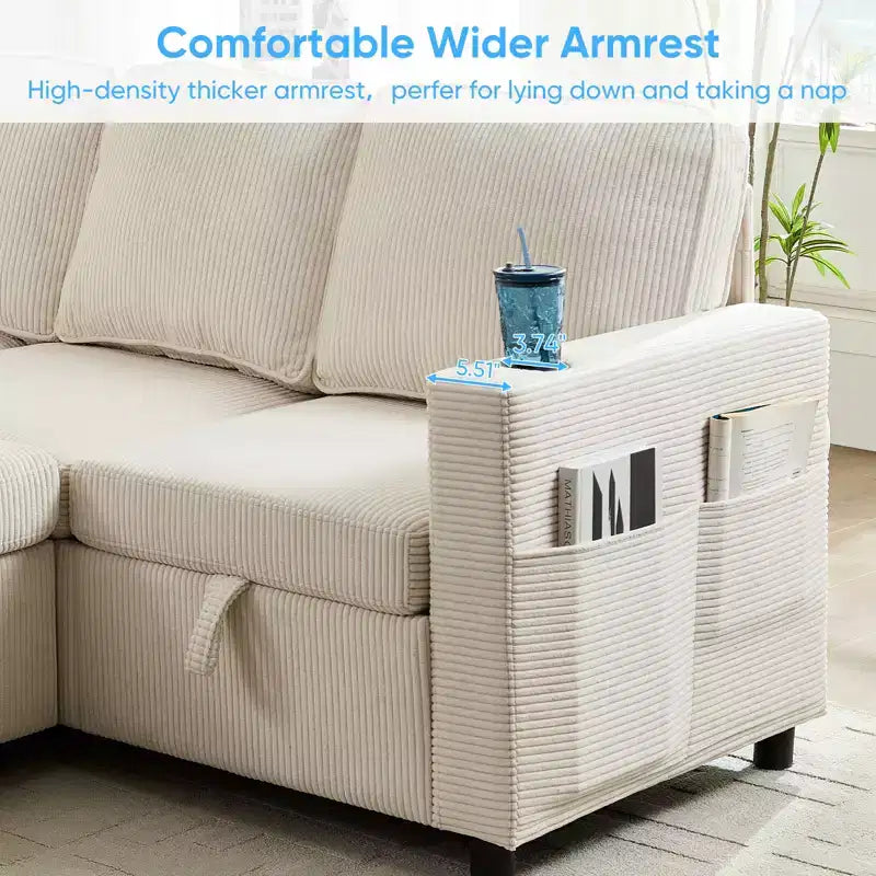6-Seat U-Shaped Modular Sectional Sofa with Pull-Out Bed & Storage