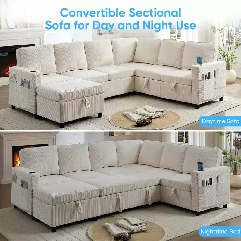 6-Seat U-Shaped Modular Sectional Sofa with Pull-Out Bed & Storage