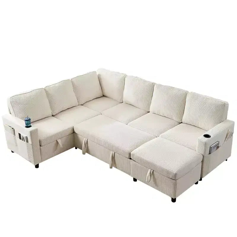 6-Seat U-Shaped Modular Sectional Sofa with Pull-Out Bed & Storage