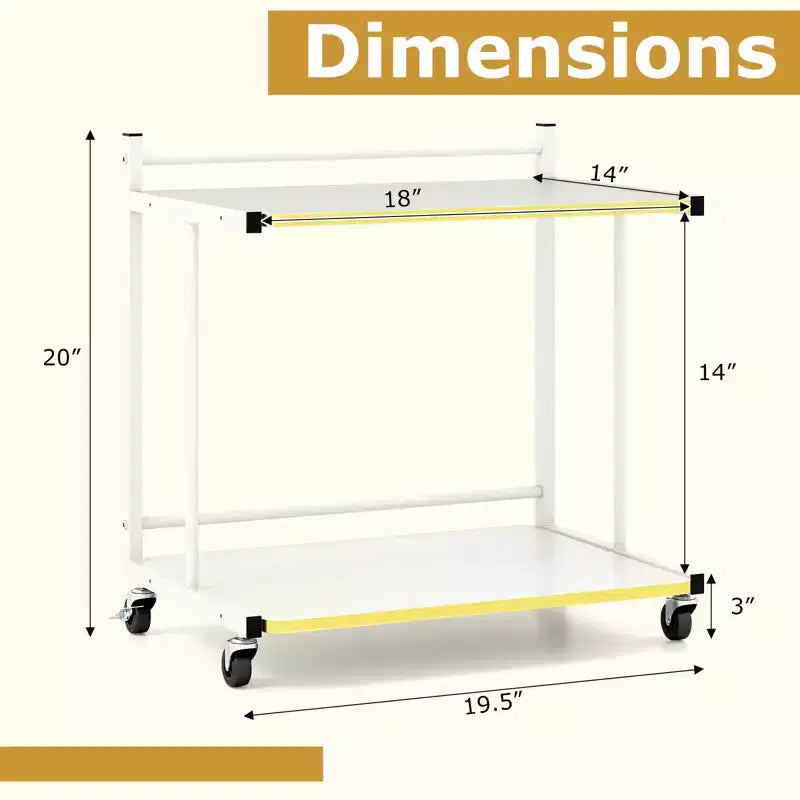 2-Tier Mobile Side Table with Open Shelves & Gold Trim – Lockable Wheels