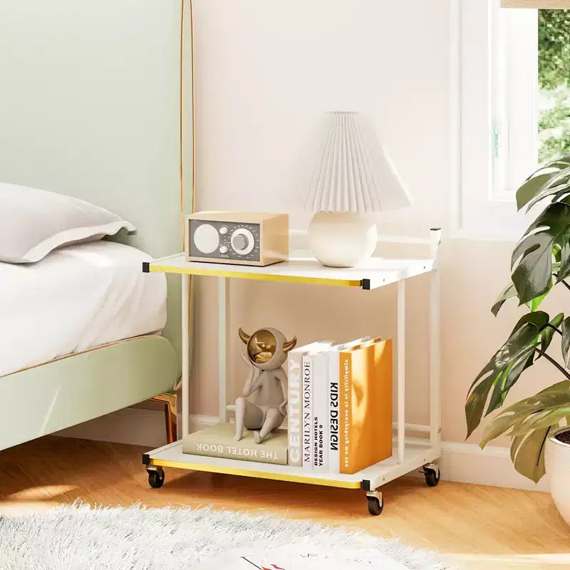 2-Tier Mobile Side Table with Open Shelves & Gold Trim – Lockable Wheels