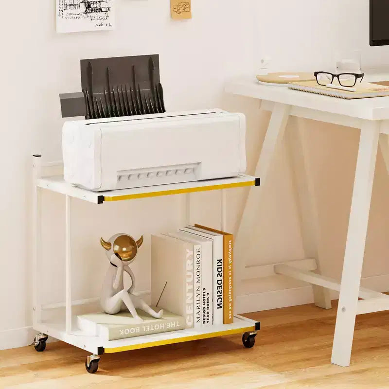 2-Tier Mobile Side Table with Open Shelves & Gold Trim – Lockable Wheels