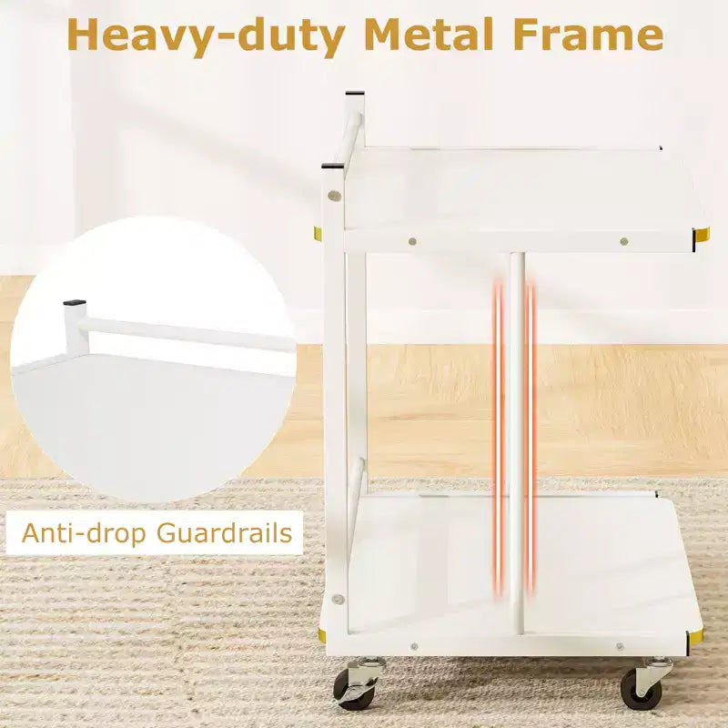 2-Tier Mobile Side Table with Open Shelves & Gold Trim – Lockable Wheels
