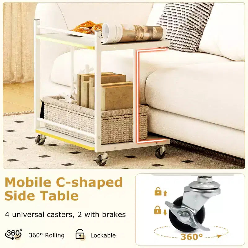 2-Tier Mobile Side Table with Open Shelves & Gold Trim – Lockable Wheels