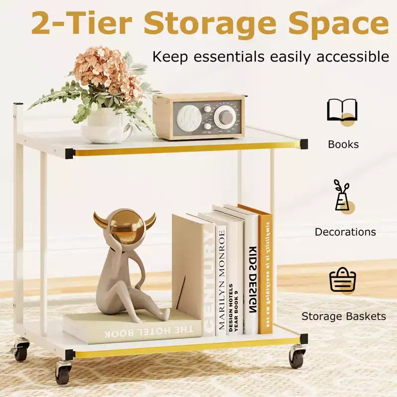2-Tier Mobile Side Table with Open Shelves & Gold Trim – Lockable Wheels
