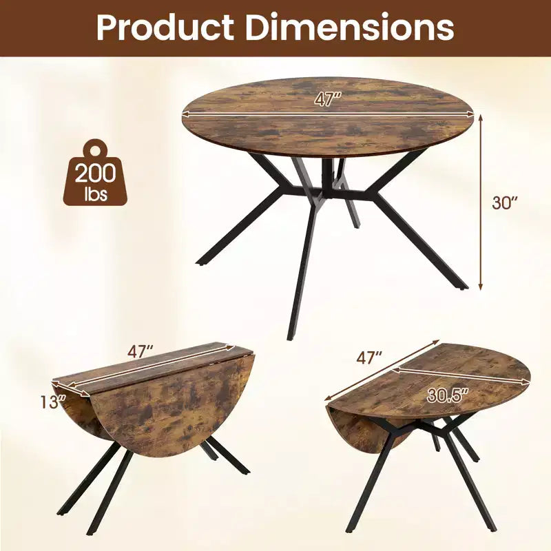 47-Inch Folding Round Dining Table with Drop Leaves – Extendable Kitchen Table
