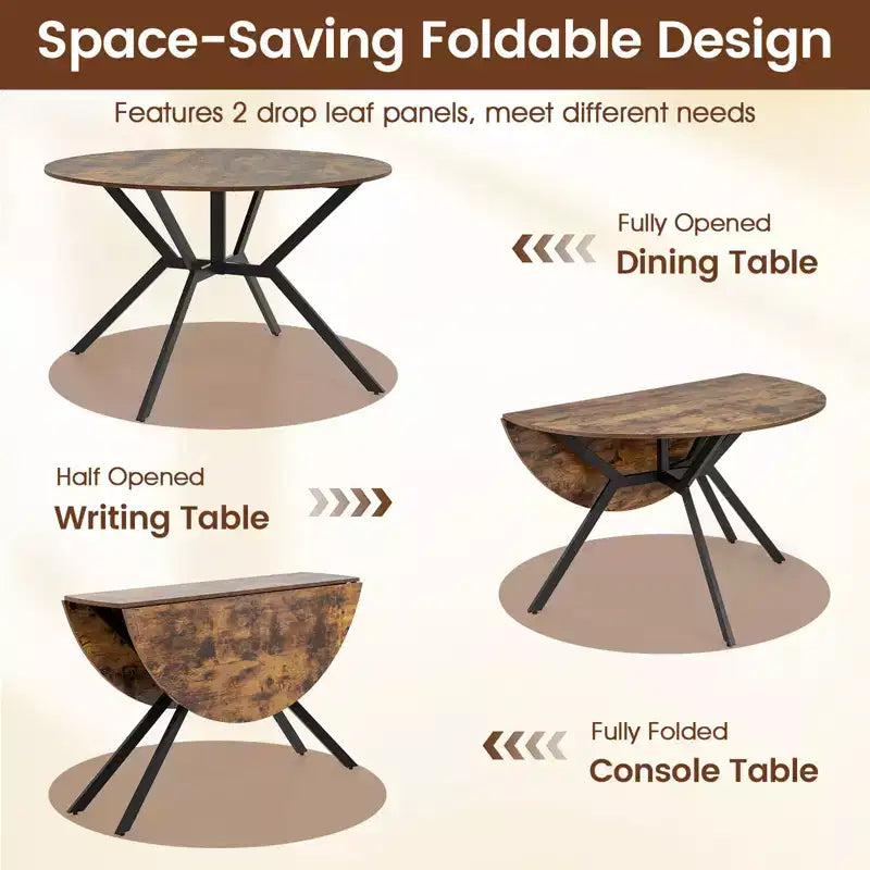 47-Inch Folding Round Dining Table with Drop Leaves – Extendable Kitchen Table