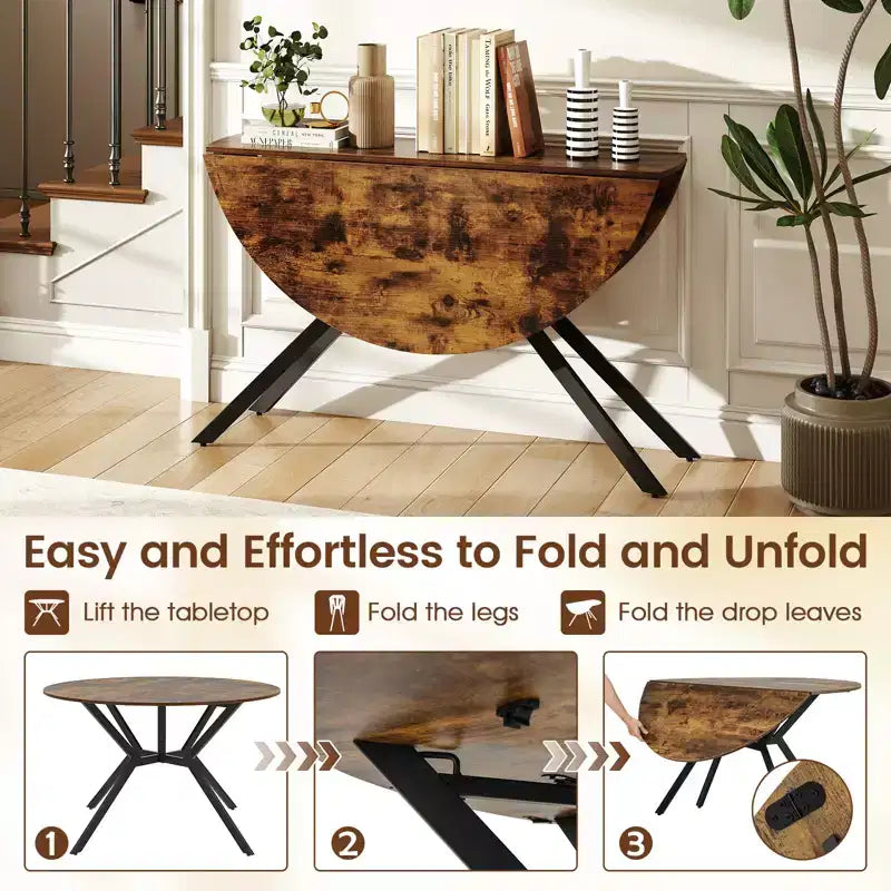 47-Inch Folding Round Dining Table with Drop Leaves – Extendable Kitchen Table