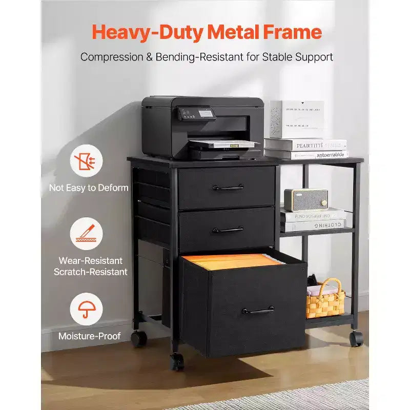 Mobile File Cabinet with 3 Fabric Drawers and Shelves - Rolling Filing Storage for Home Office