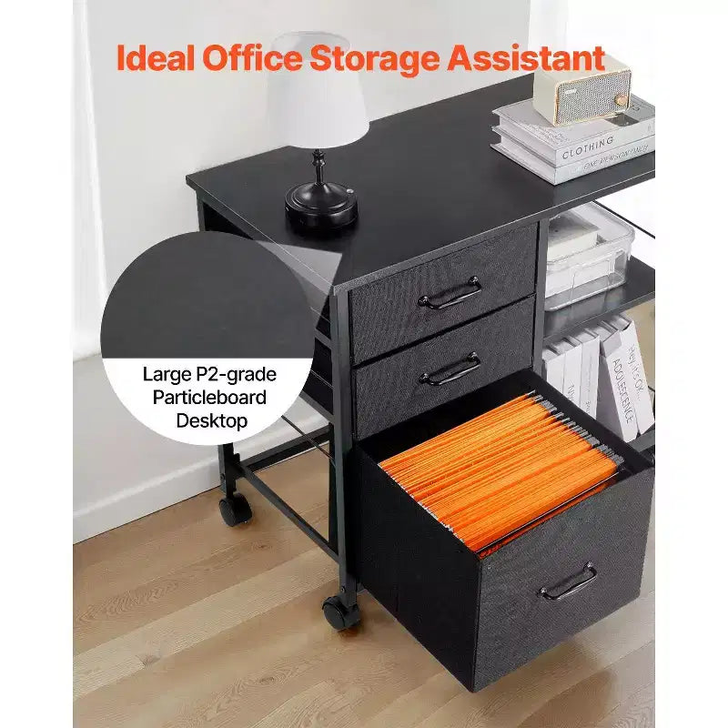 Mobile File Cabinet with 3 Fabric Drawers and Shelves - Rolling Filing Storage for Home Office
