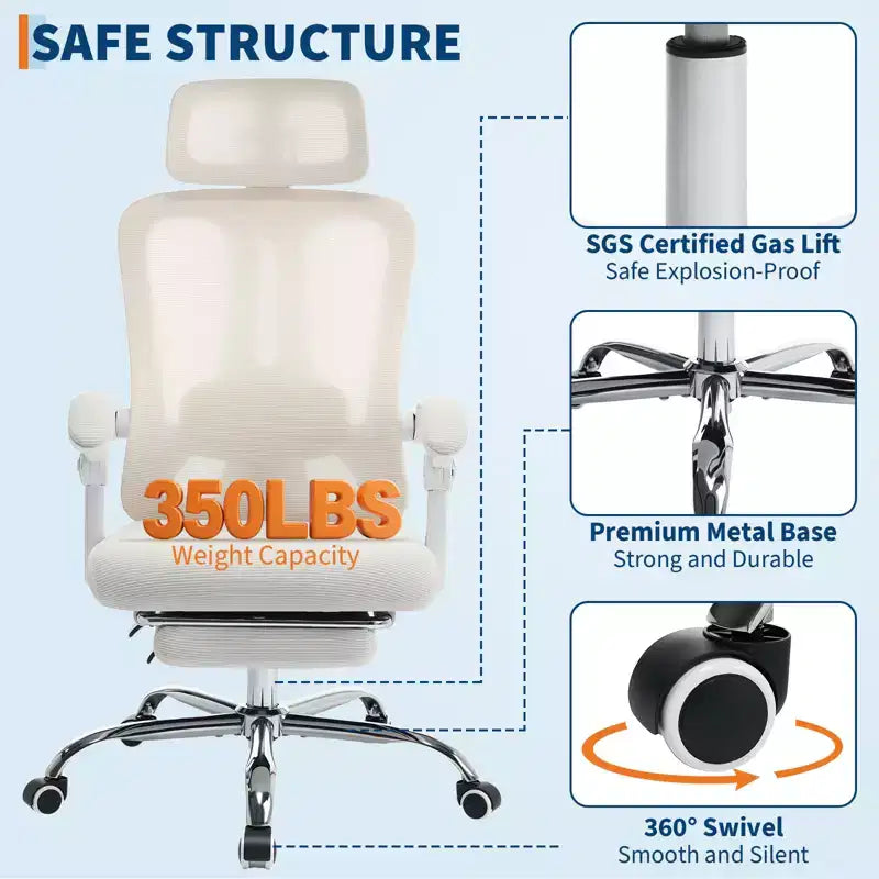 Sedia da Ufficio Reclinabile Ergonomica in Mesh con Poggiapiedi, Supporto Lombare e Poggiatesta