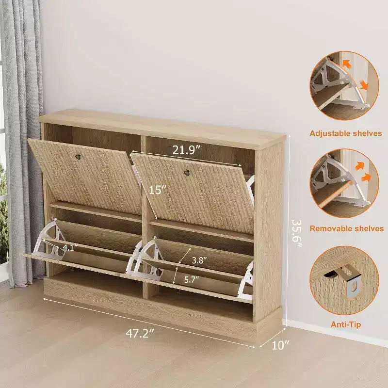4-Drawer Shoe Cabinet with Fluted Design, Adjustable & Removable Shelves, Freestanding Narrow Entryway Organizer for Shoes and Small Items