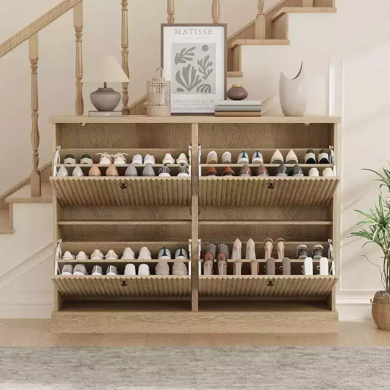 Scarpiera a 4 Ante con Design Scanalato, Ripiani Regolabili e Rimovibili, Mobile Organizzatore Salvaspazio per Scarpe e Piccoli Oggetti