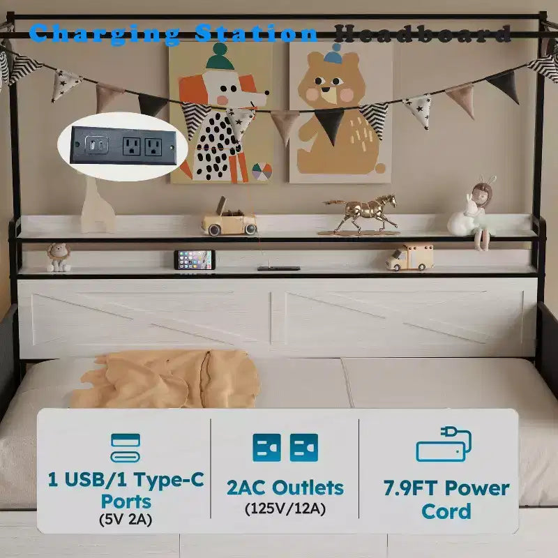 Twin Bed with Trundle, Metal Frame Sofa Bed, Heavy-Duty Metal Slats, Guardrail Shell, Reinforced Structure