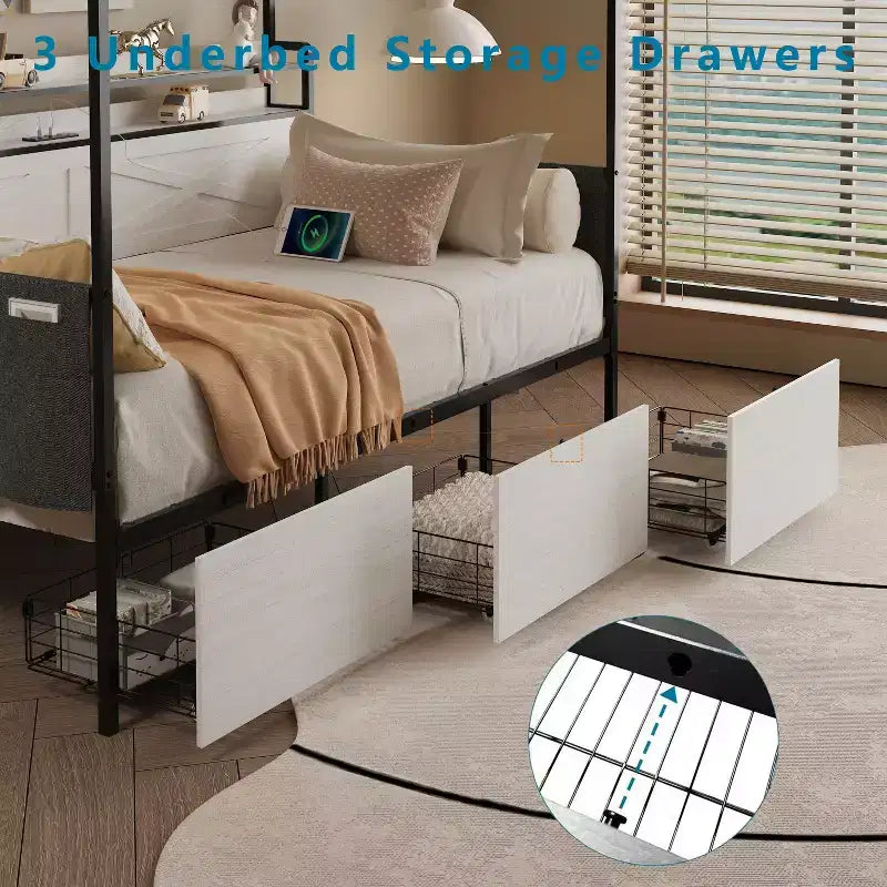 Twin Bed with Trundle, Metal Frame Sofa Bed, Heavy-Duty Metal Slats, Guardrail Shell, Reinforced Structure