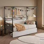 Twin Bed with Trundle, Metal Frame Sofa Bed, Heavy-Duty Metal Slats, Guardrail Shell, Reinforced Structure