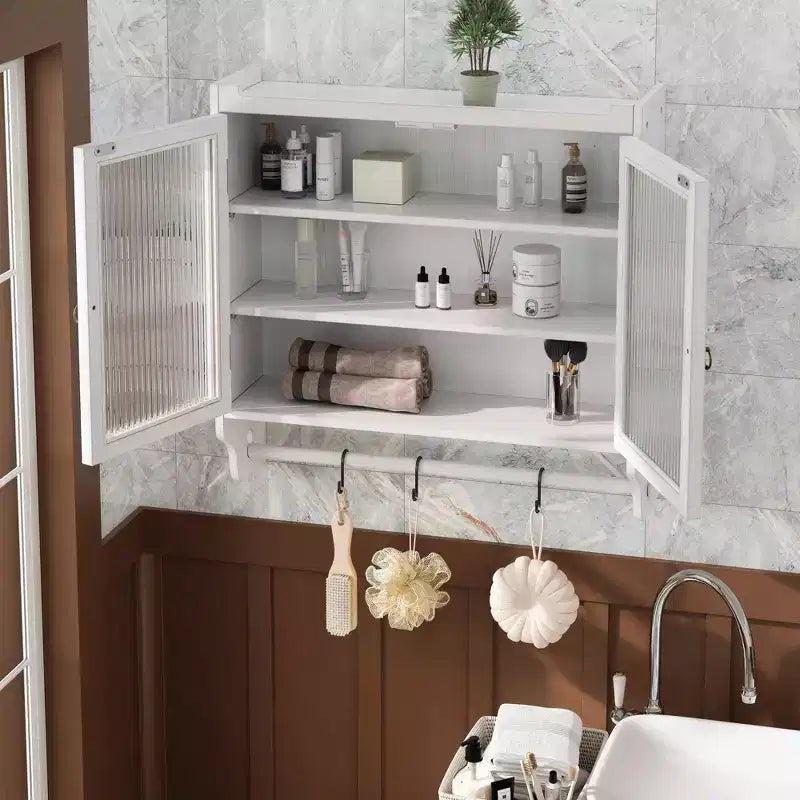 Double Glass Door Vintage Kitchen Cabinet with 3-Tier Towel Rack – White