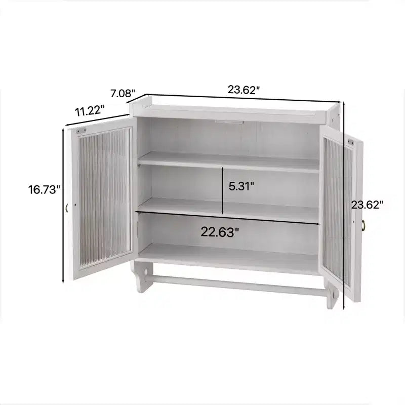 Double Glass Door Vintage Kitchen Cabinet with 3-Tier Towel Rack – White