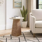 Mesa auxiliar tejida con superficie de piedra para espacios pequeños - mesa auxiliar natural única para la decoración del dormitorio o el estilo de la sala de estar - 20, beige y marfil