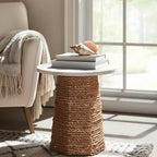 Mesa auxiliar tejida con superficie de piedra para espacios pequeños - mesa auxiliar natural única para la decoración del dormitorio o el estilo de la sala de estar - 20, beige y marfil