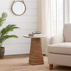 Mesa auxiliar tejida con superficie de piedra para espacios pequeños - mesa auxiliar natural única para la decoración del dormitorio o el estilo de la sala de estar - 20, beige y marfil