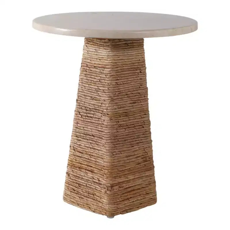 Woven End Table with Stone Top for Small Spaces - Natural Side Table Unique for Bedroom Decor or Living Room Styling - 20, Beige & Ivory