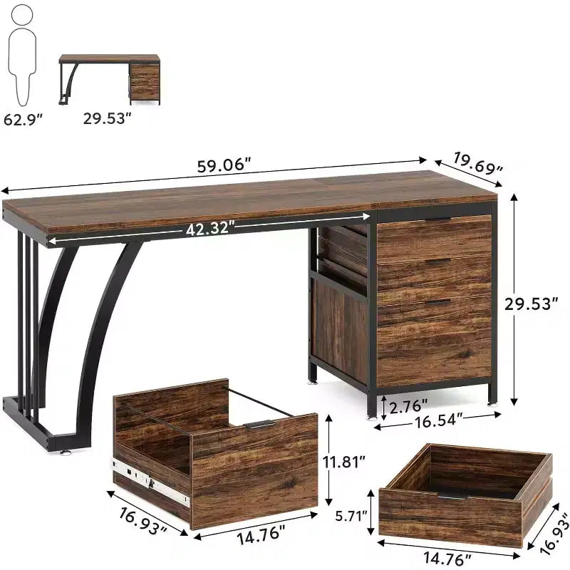 59-Inch Industrial Computer Desk with 3 Reversible Drawers & File Storage