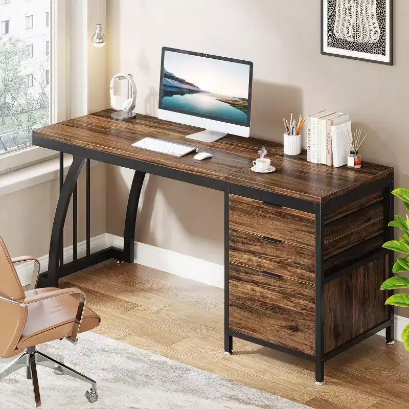 59-Inch Industrial Computer Desk with 3 Reversible Drawers & File Storage