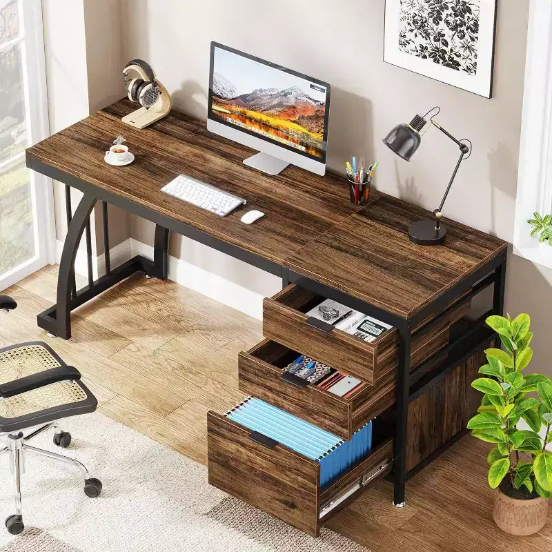59-Inch Industrial Computer Desk with 3 Reversible Drawers & File Storage