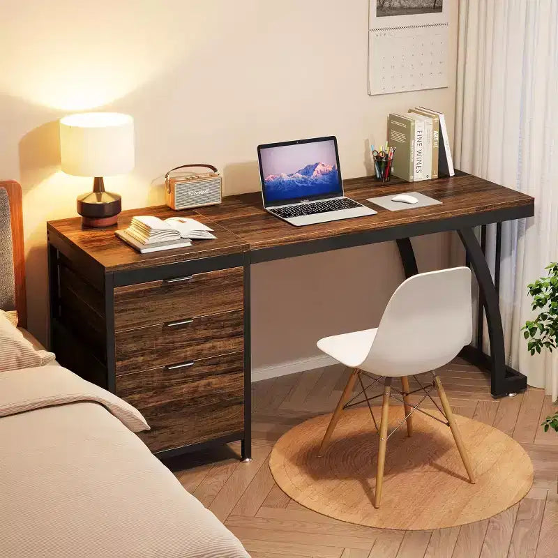 59-Inch Industrial Computer Desk with 3 Reversible Drawers & File Storage