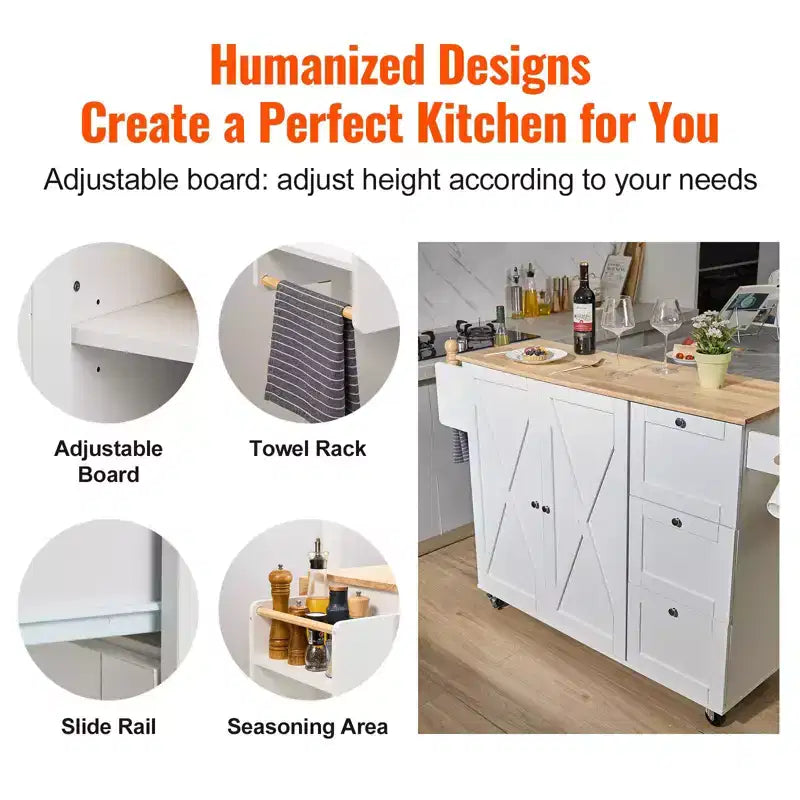 Kitchen Island Cart with Solid Wood Top, 45.3 Rolling Kitchen Cart with Storage Cabinet, Drop Leaf, Drawer & Spice Rack, White