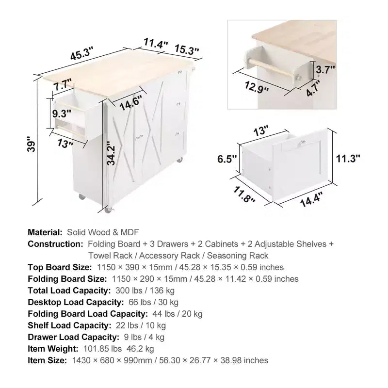 Kitchen Island Cart with Solid Wood Top, 45.3 Rolling Kitchen Cart with Storage Cabinet, Drop Leaf, Drawer & Spice Rack, White