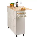 Carrello da Cucina su Ruote con Piano in Legno Massello, Carrello da Cucina da 45,3 con Armadietto Contenitore, Ribalta, Cassetto e Portaspezie, Bianco