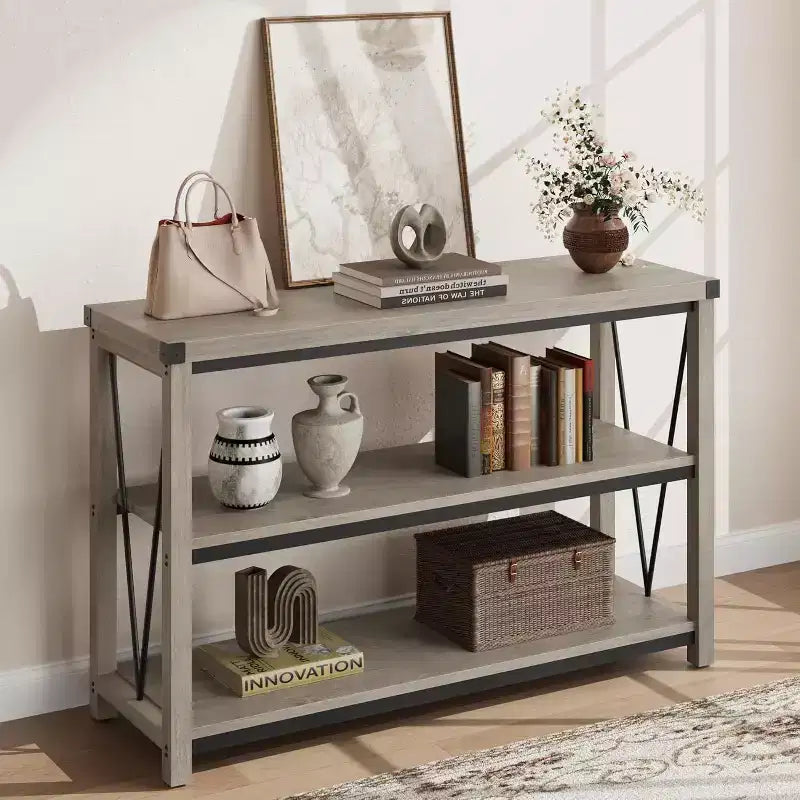 Farmhouse Entryway Table,47 in Narrow Long Console Table with Storage, 3 Tier Wood Console Table for Living Room,Sofa Tables Behind Couch
