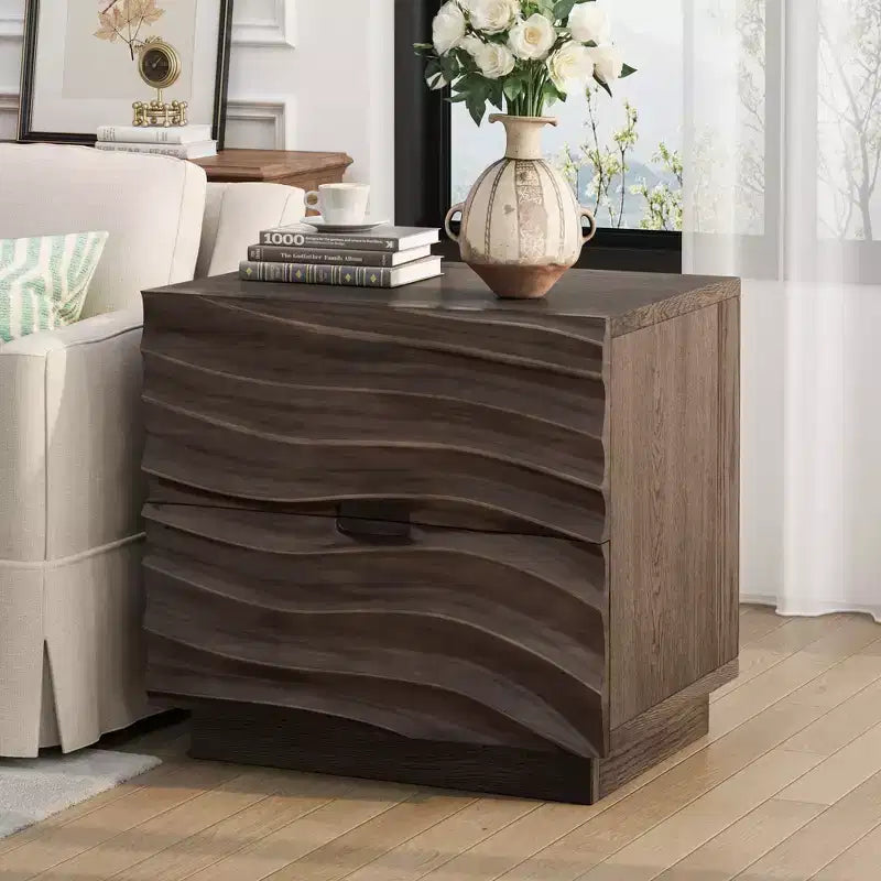 Modern Wooden Nightstand with 2 Curved Drawers – Bedside Table
