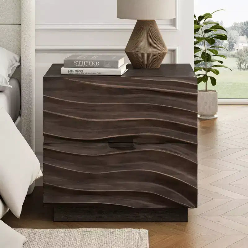 Modern Wooden Nightstand with 2 Curved Drawers – Bedside Table
