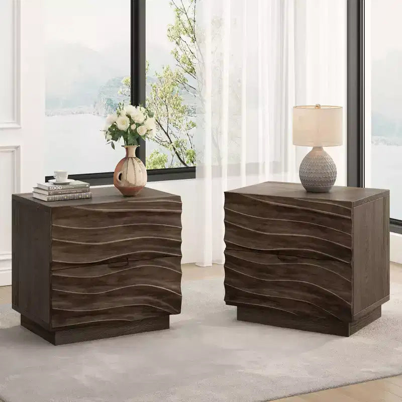 Comodino moderno in legno con 2 cassetti curvi
