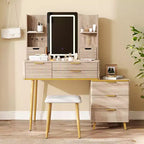JVNOXK7-Drawer Dressing Table with LED Mirror and Carved Details, Grooved Makeup Vanity with Metal Legs and PU Stool, Featuring Jewelry Storage