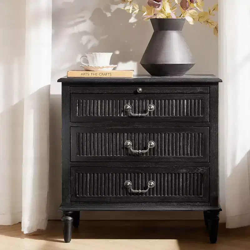 3-Drawer Solid Wood End Table with Built-In Outlet & Pull-Out Tray – Black