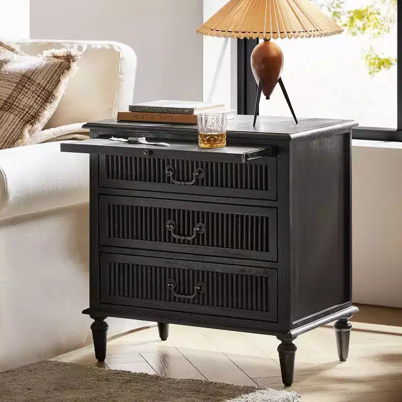 3-Drawer Solid Wood End Table with Built-In Outlet & Pull-Out Tray – Black