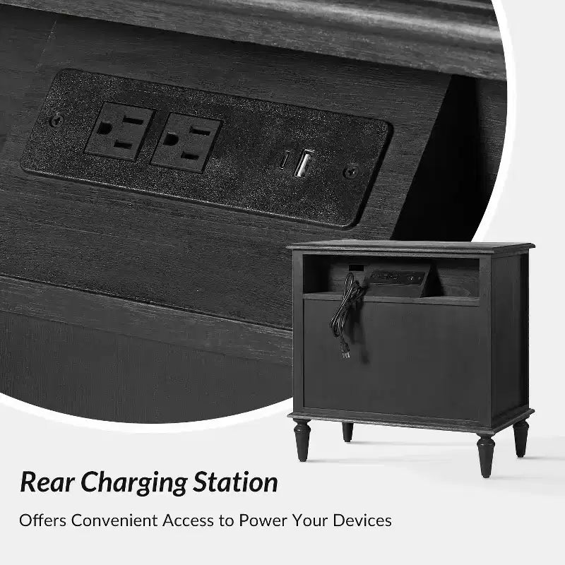 3-Drawer Solid Wood End Table with Built-In Outlet & Pull-Out Tray – Black