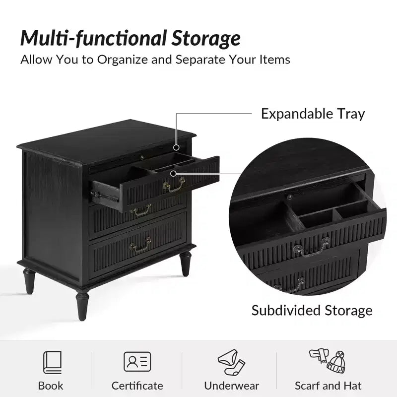 3-Drawer Solid Wood End Table with Built-In Outlet & Pull-Out Tray – Black