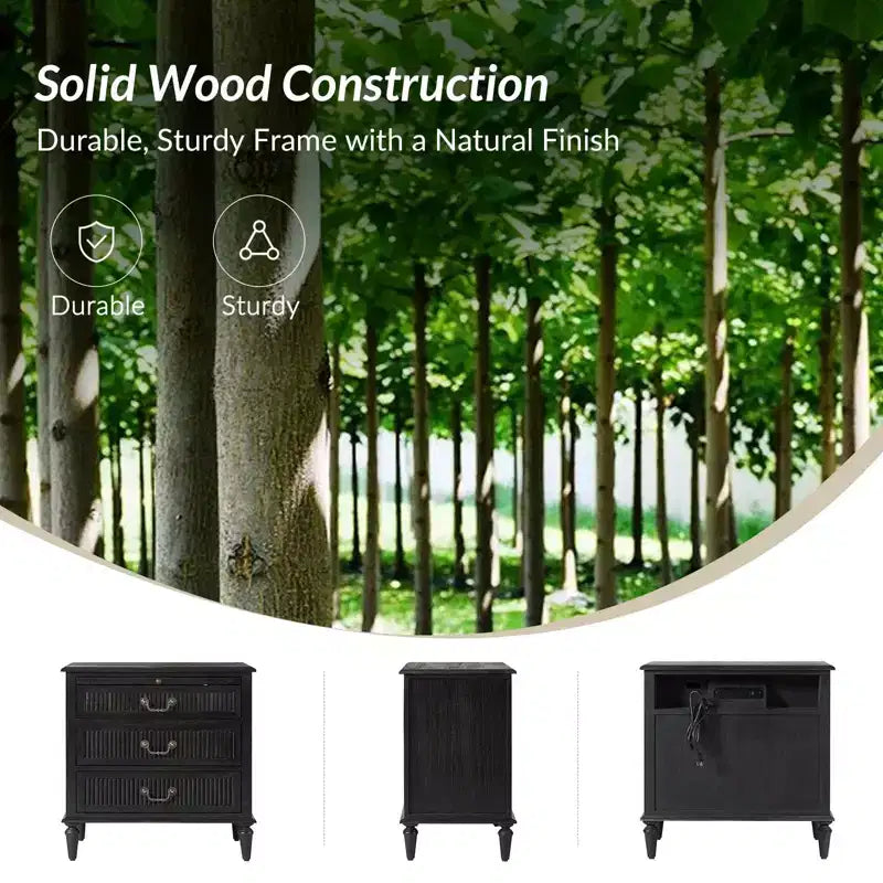 3-Drawer Solid Wood End Table with Built-In Outlet & Pull-Out Tray – Black
