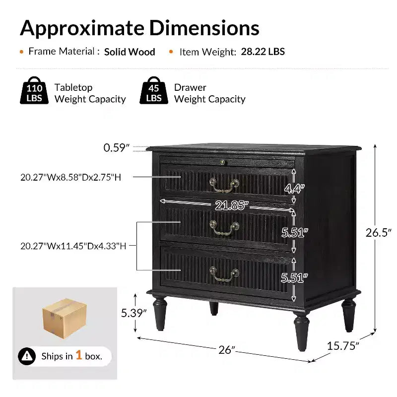 3-Drawer Solid Wood End Table with Built-In Outlet & Pull-Out Tray – Black