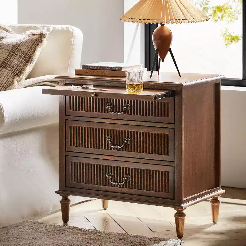 3-Drawer Solid Wood End Table with Built-In Outlet & Pull-Out Tray – Black