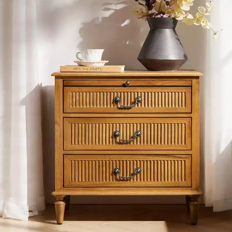3-Drawer Solid Wood End Table with Built-In Outlet & Pull-Out Tray – Black