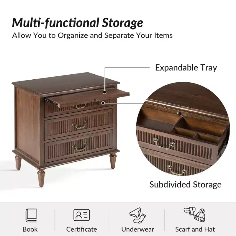 3-Drawer Solid Wood End Table with Built-In Outlet & Pull-Out Tray – Black