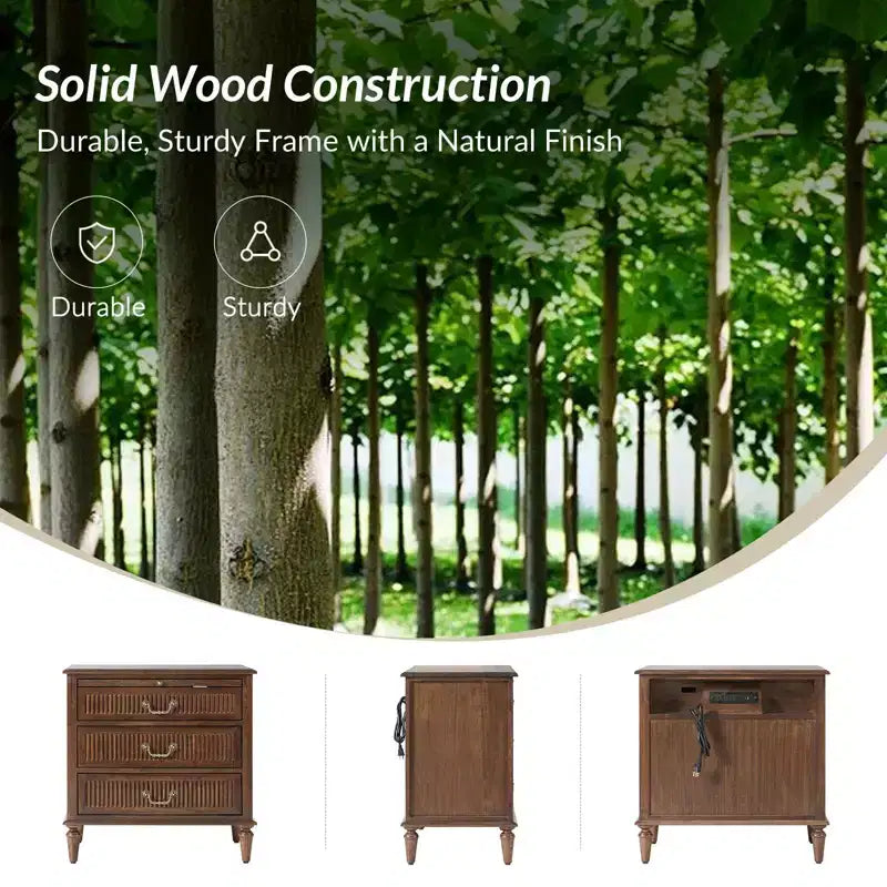 3-Drawer Solid Wood End Table with Built-In Outlet & Pull-Out Tray – Black