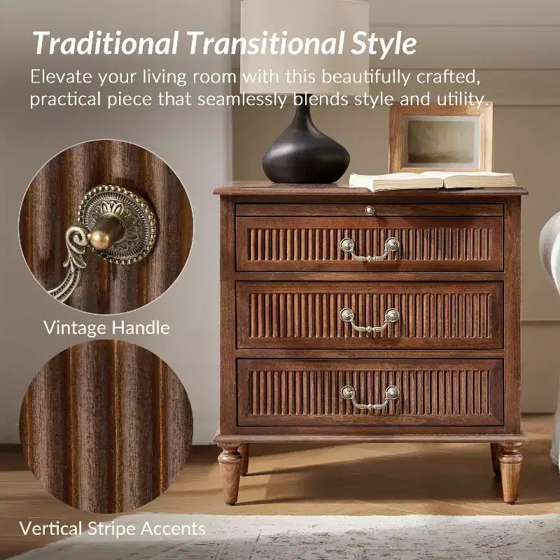 3-Drawer Solid Wood End Table with Built-In Outlet & Pull-Out Tray – Black