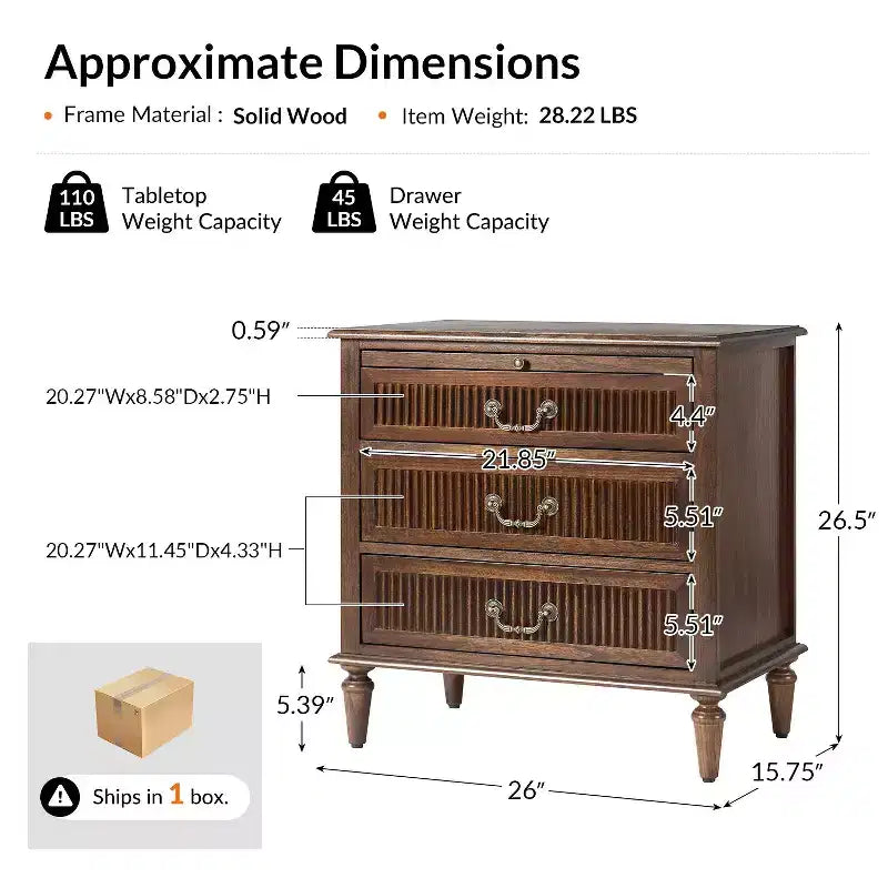 3-Drawer Solid Wood End Table with Built-In Outlet & Pull-Out Tray – Black